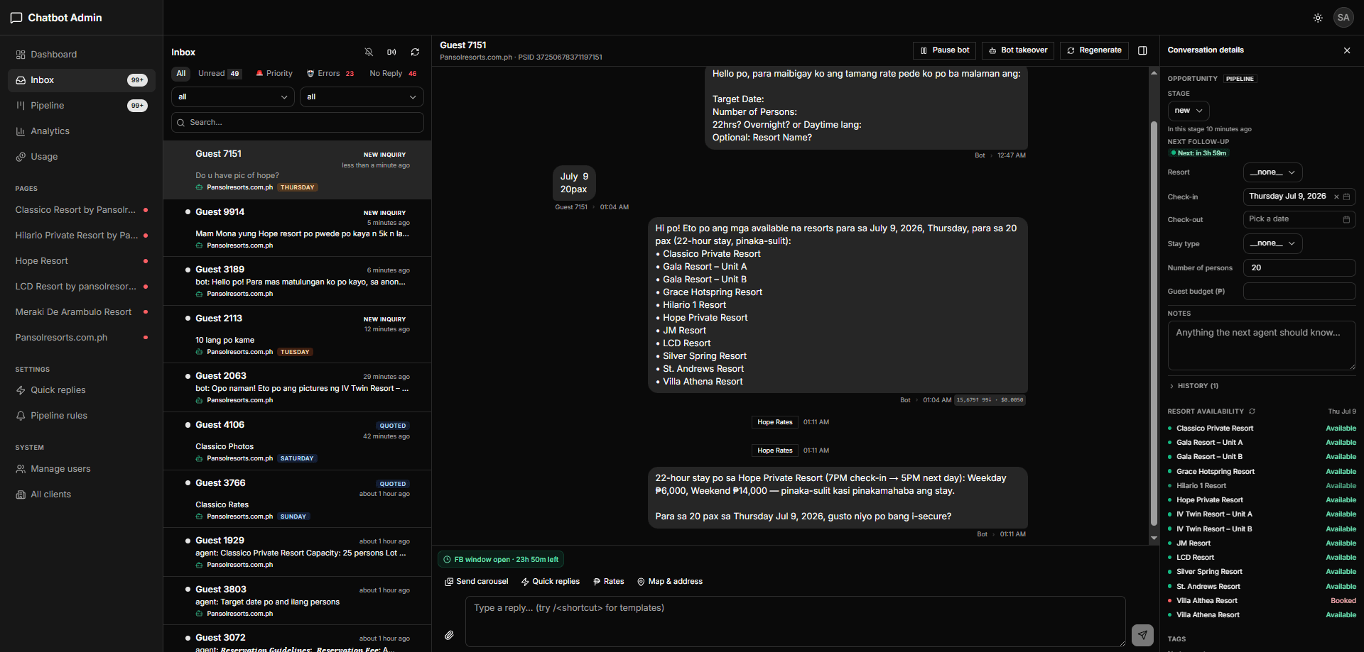 Custom multi-page chatbot admin dashboard